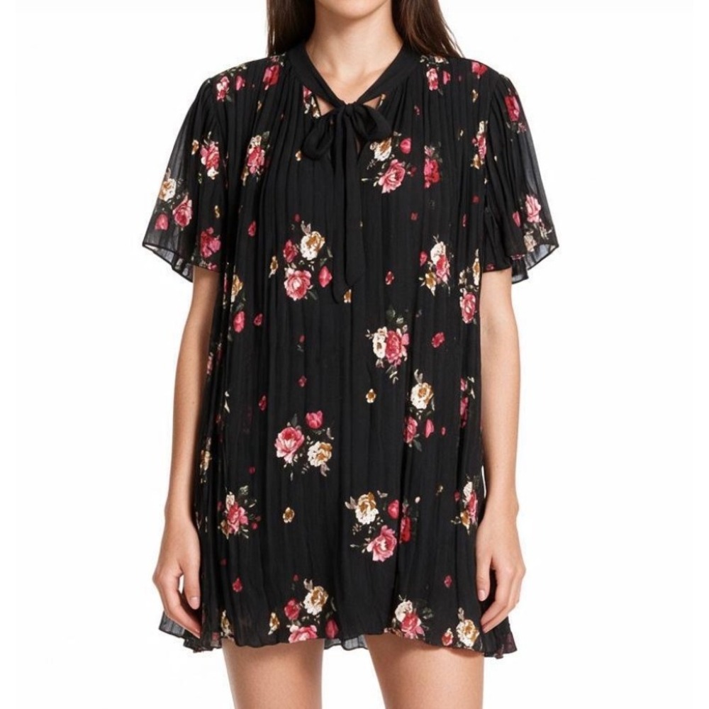 ZARA Black FLORAL Pleated LAYERED CHIFFON Tie V-Neck HIDDEN ROMPER Mini Dress XS